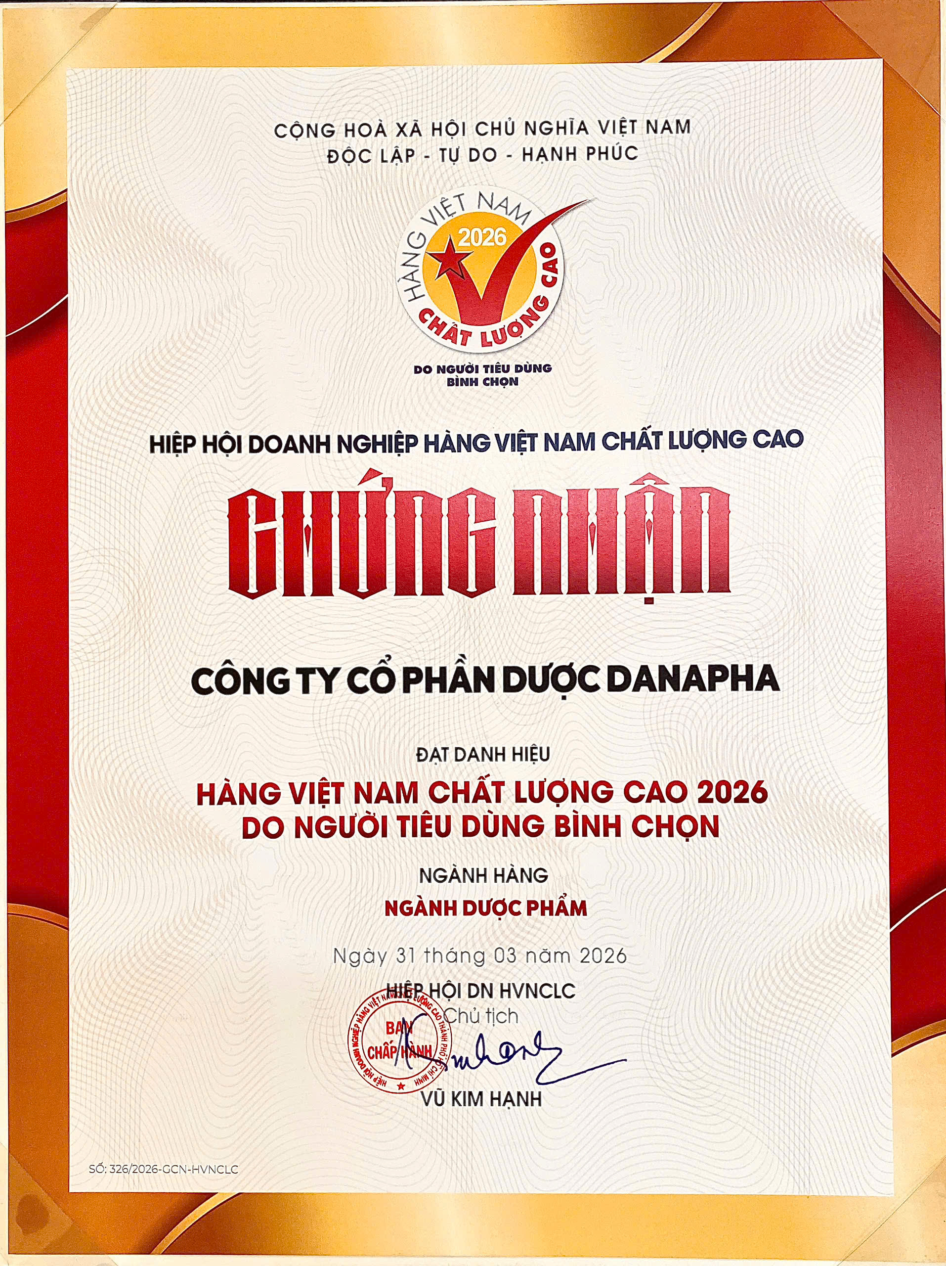 DANAPHA ĐẠT DANH HIỆU HÀNG VIỆT NAM CHẤT LƯỢNG CAO 2026