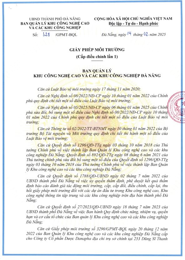 Giấy phép môi trường cấp điều chỉnh lần 01 ngày 14.02.2025, cấp cho Dự án Nhà máy sản xuất dược phẩm và trung tâm nghiên cứu phát triển công nghệ cao của Công ty Cổ phần Dược Danapha tại khu Công nghệ cao Đà Nẵng