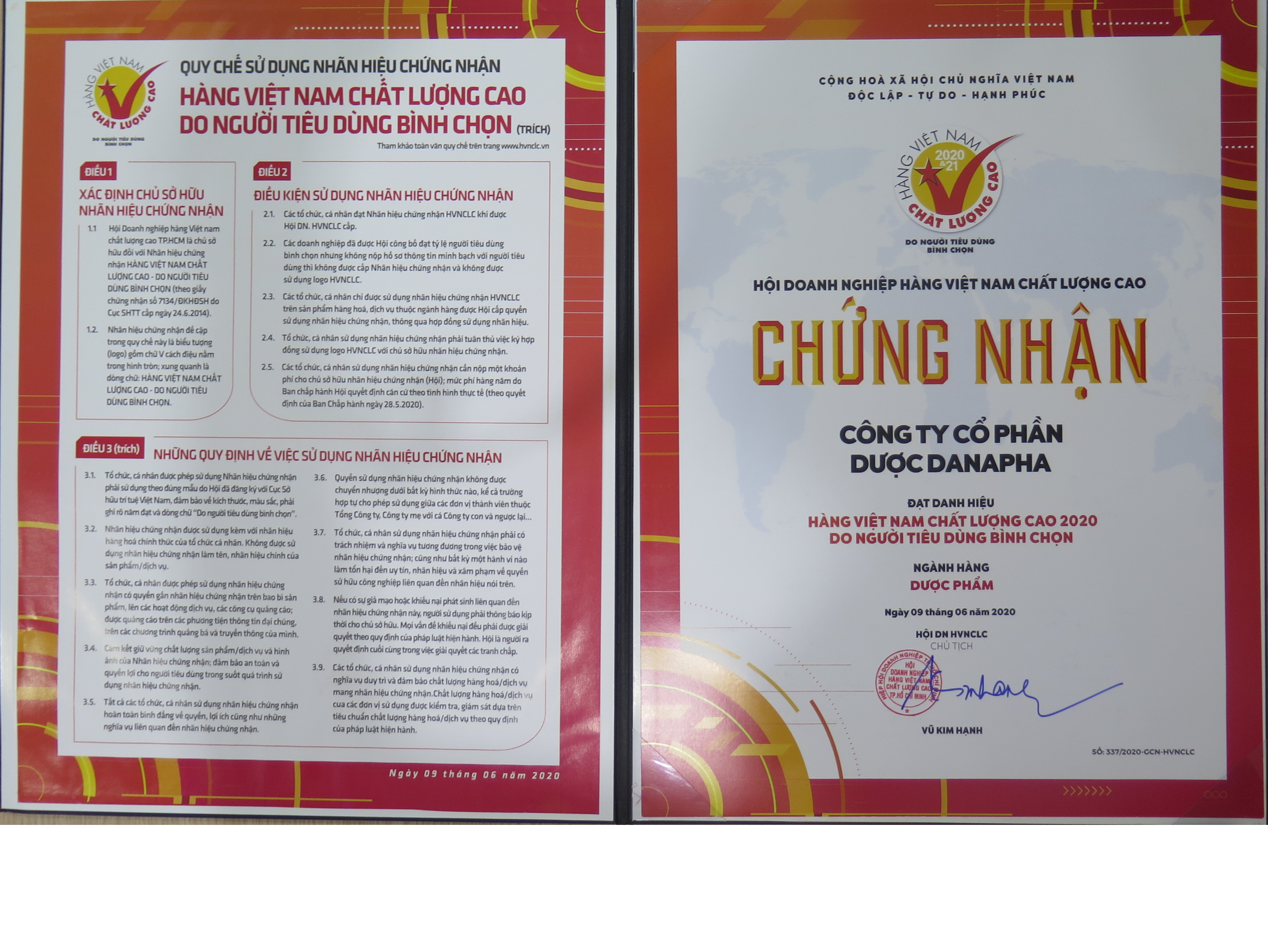 Danapha - Đạt danh hiệu Hàng Việt Nam Chất Lượng Cao 2020